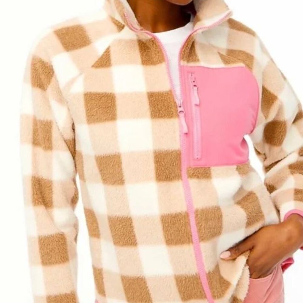 J. Crew Plaid Woven Sherpa Sip-Up with Pink Pocket, EUC